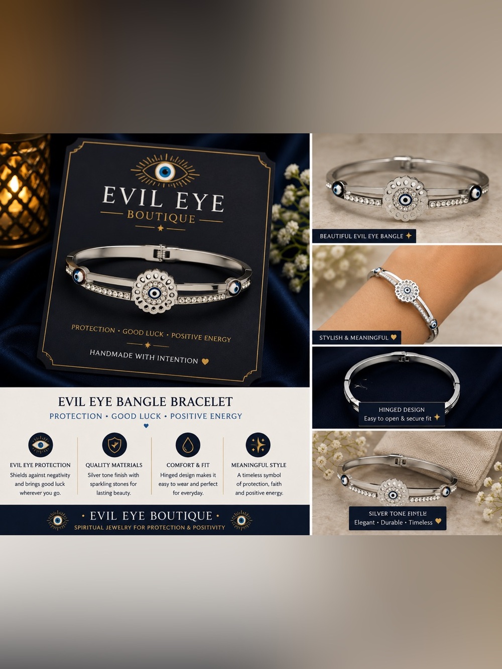 🧿Evil Eye Bangle Bracelet - Silver Tone with Blue Eye🧿